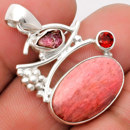 Pink Tulip Quartz, Tourmaline Rough & Garnet Pendant P-1704 SDP109733