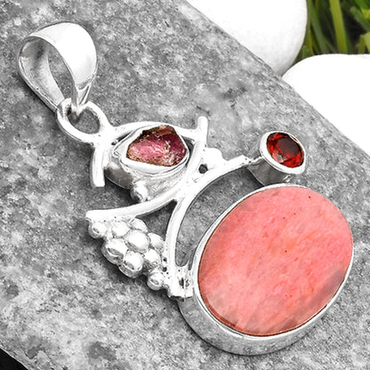 Pink Tulip Quartz, Tourmaline Rough & Garnet Pendant P-1704 SDP109733