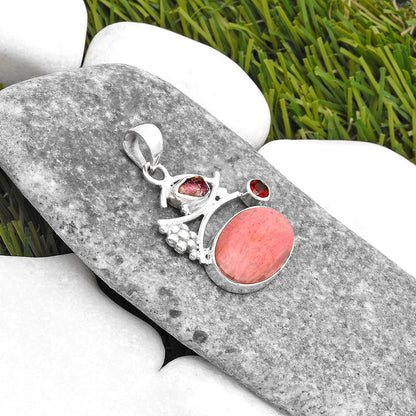 Pink Tulip Quartz, Tourmaline Rough & Garnet Pendant P-1704 SDP109733