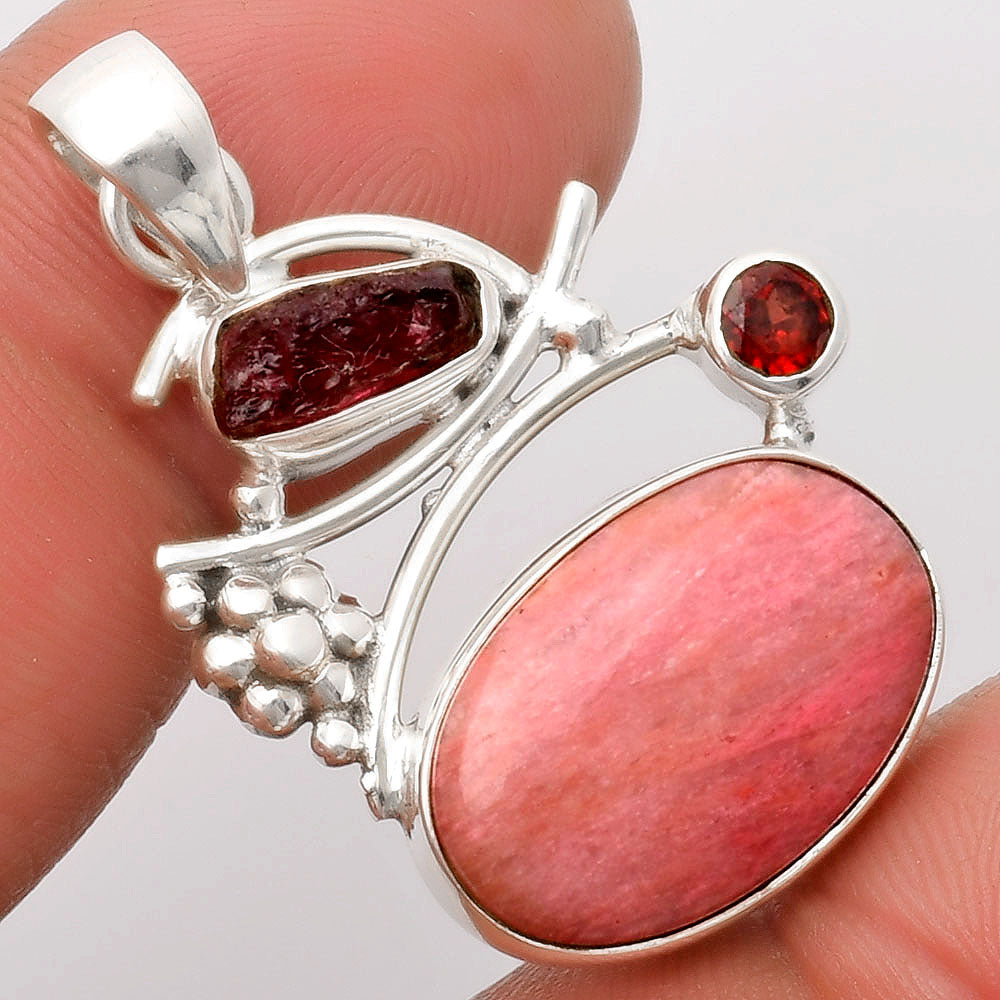 Pink Tulip Quartz, Tourmaline Rough & Garnet Pendant P-1704 SDP109738