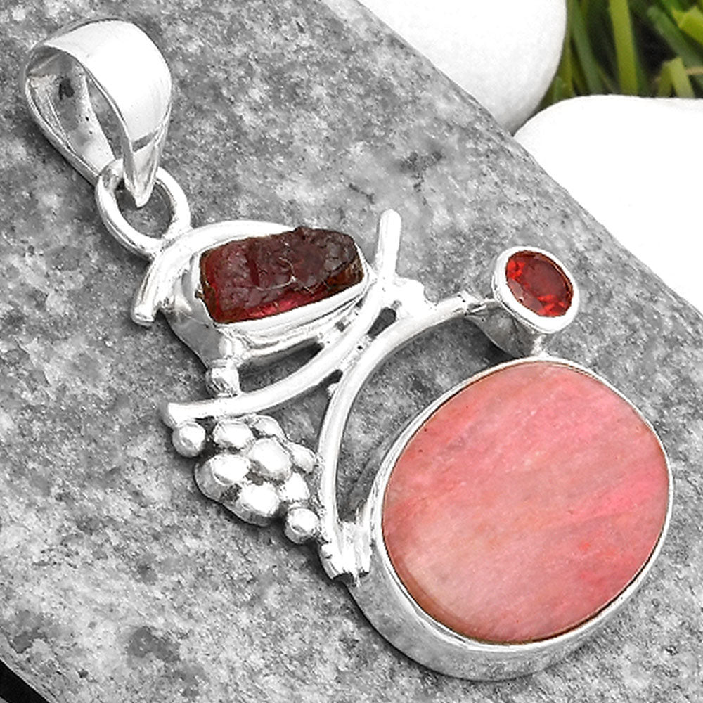 Pink Tulip Quartz, Tourmaline Rough & Garnet Pendant P-1704 SDP109738