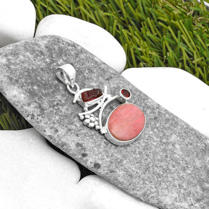 Pink Tulip Quartz, Tourmaline Rough & Garnet Pendant P-1704 SDP109738