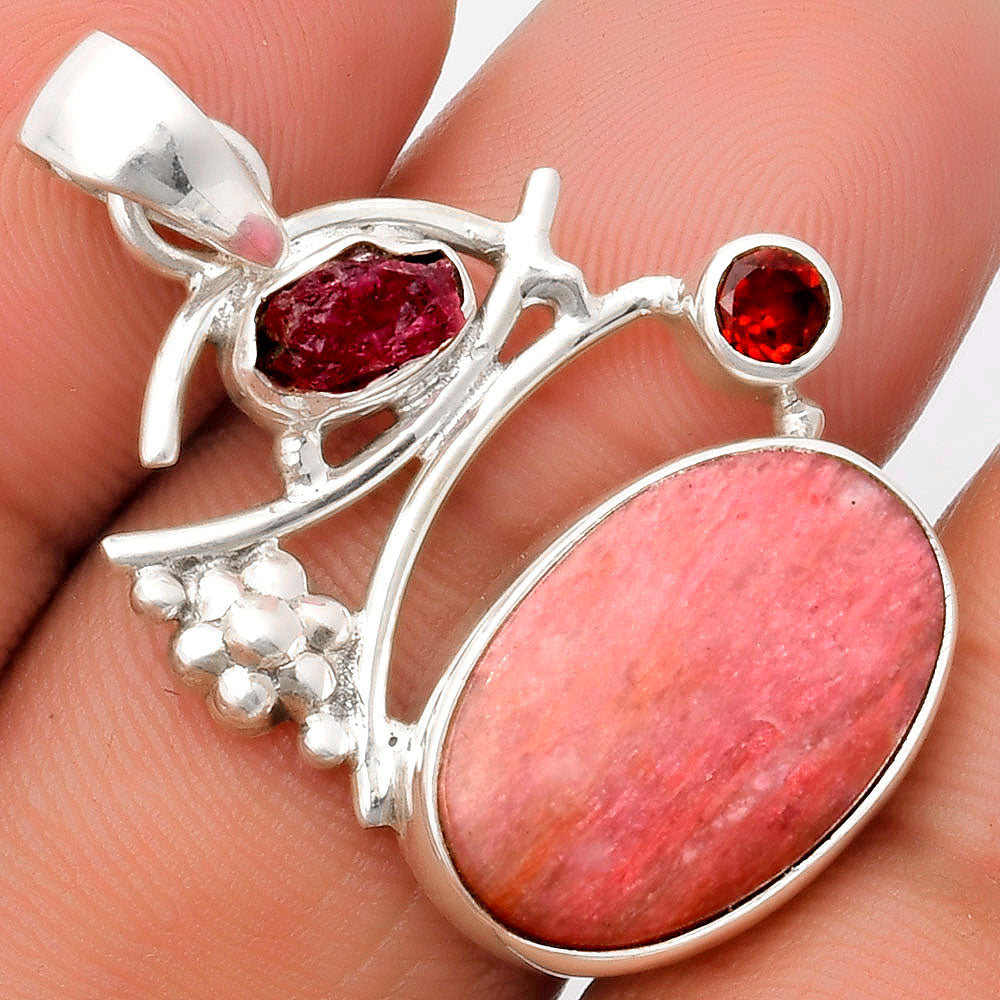Pink Tulip Quartz, Tourmaline Rough & Garnet Pendant P-1704 SDP109748