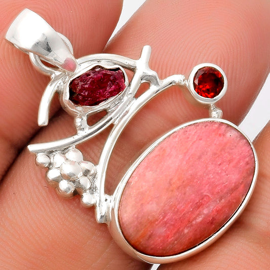 Pink Tulip Quartz, Tourmaline Rough & Garnet Pendant P-1704 SDP109748