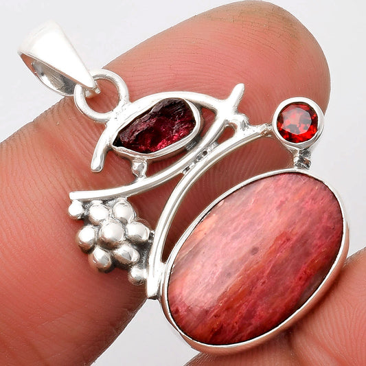 Pink Tulip Quartz, Tourmaline Rough & Garnet Pendant P-1704 SDP109749