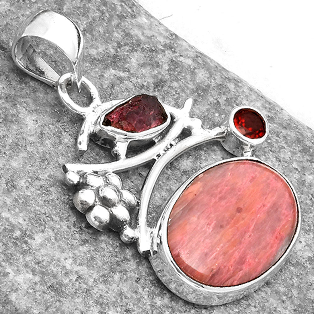 Pink Tulip Quartz, Tourmaline Rough & Garnet Pendant P-1704 SDP109749