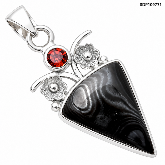 Crown Of Silver Psilomelane - Black Malachite & Garnet Pendant P-1695 SDP109771