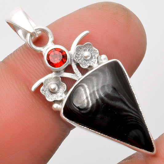 Crown Of Silver Psilomelane - Black Malachite & Garnet Pendant P-1695 SDP109771
