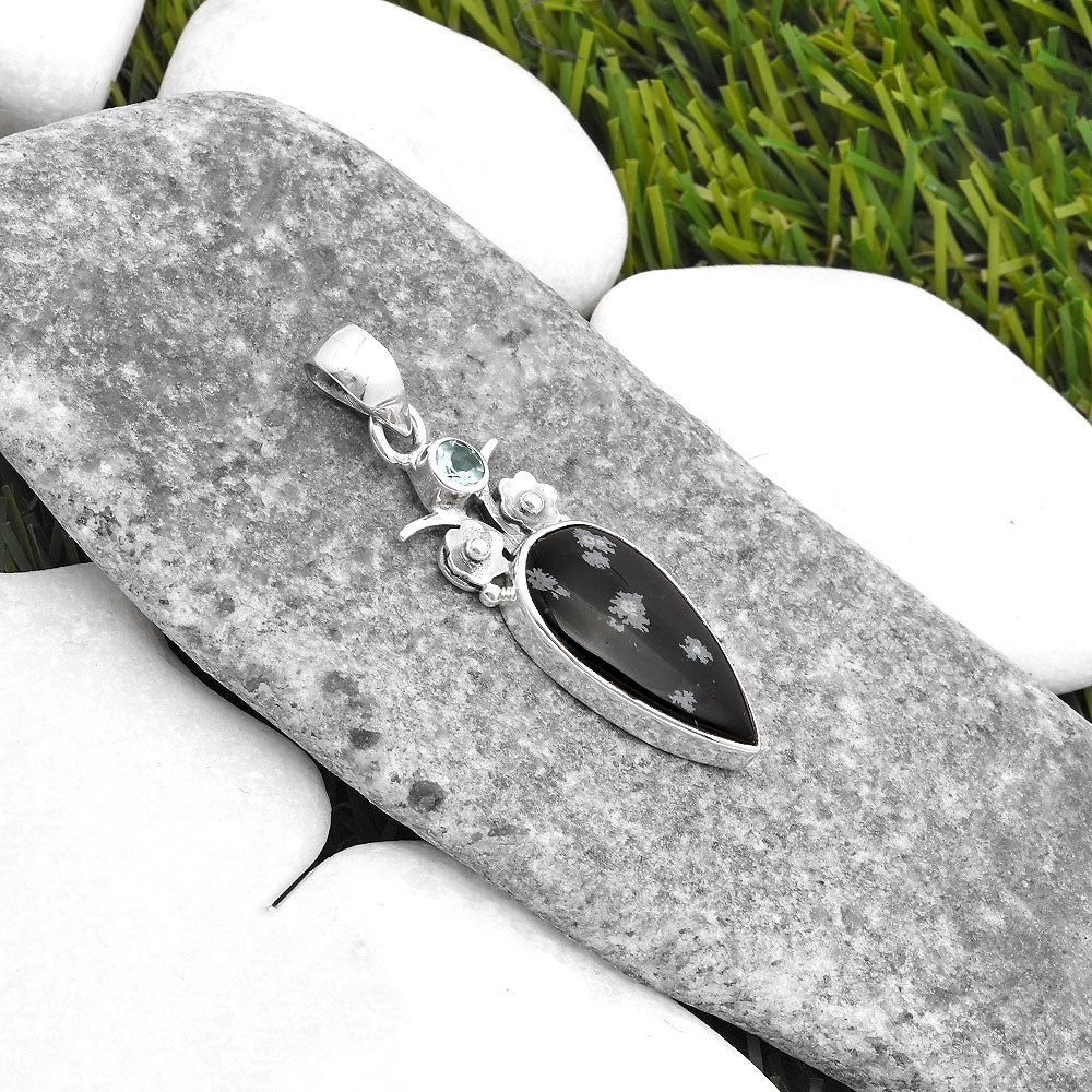 Snow Flake Obsidian & Sky Blue Topaz Pendant P-1695 SDP109774