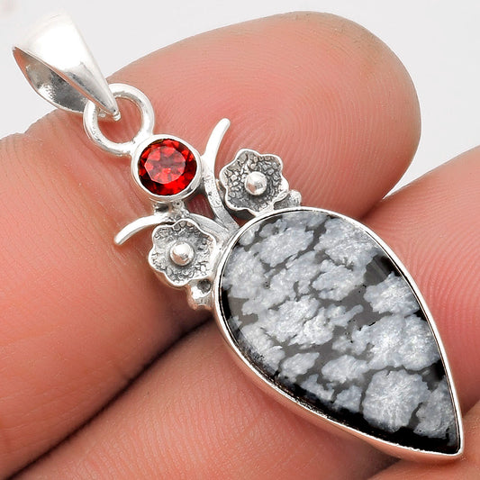 Natural Snow Flake Obsidian & Garnet Pendant P-1695 SDP109785