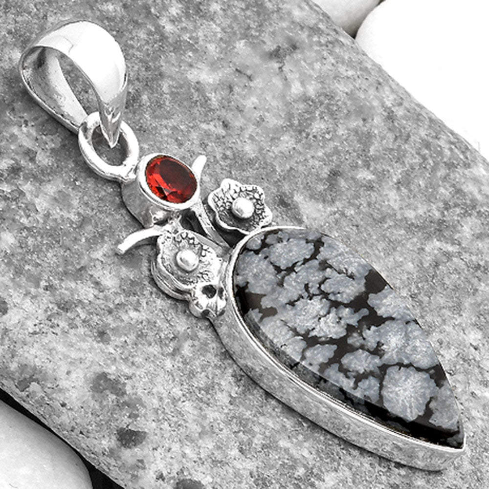 Natural Snow Flake Obsidian & Garnet Pendant P-1695 SDP109785