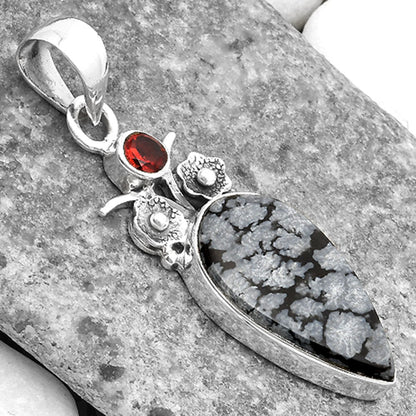 Natural Snow Flake Obsidian & Garnet Pendant P-1695 SDP109785