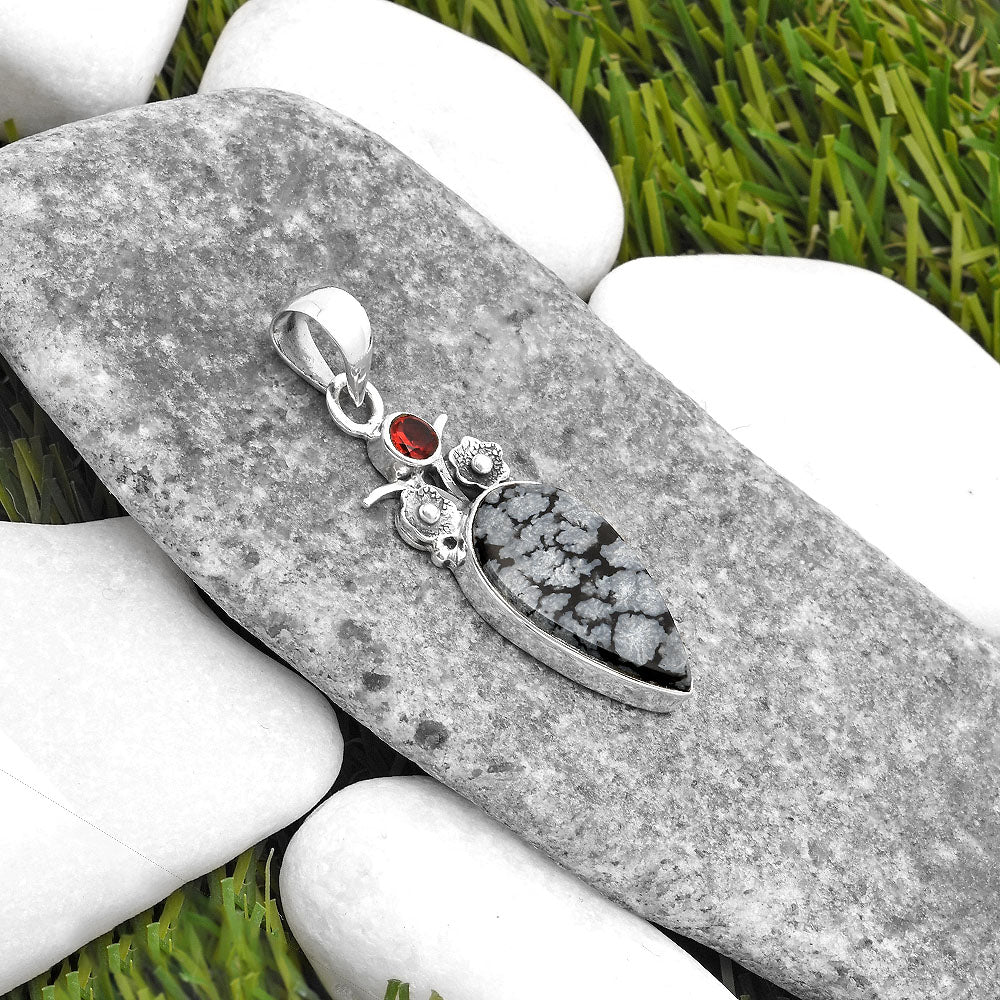 Natural Snow Flake Obsidian & Garnet Pendant P-1695 SDP109785