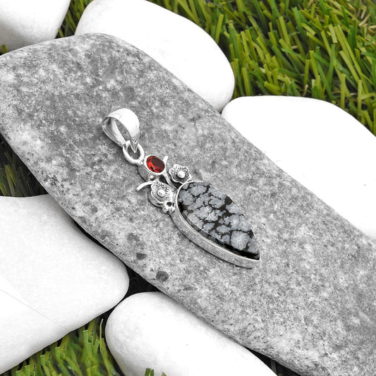 Natural Snow Flake Obsidian & Garnet Pendant P-1695 SDP109785
