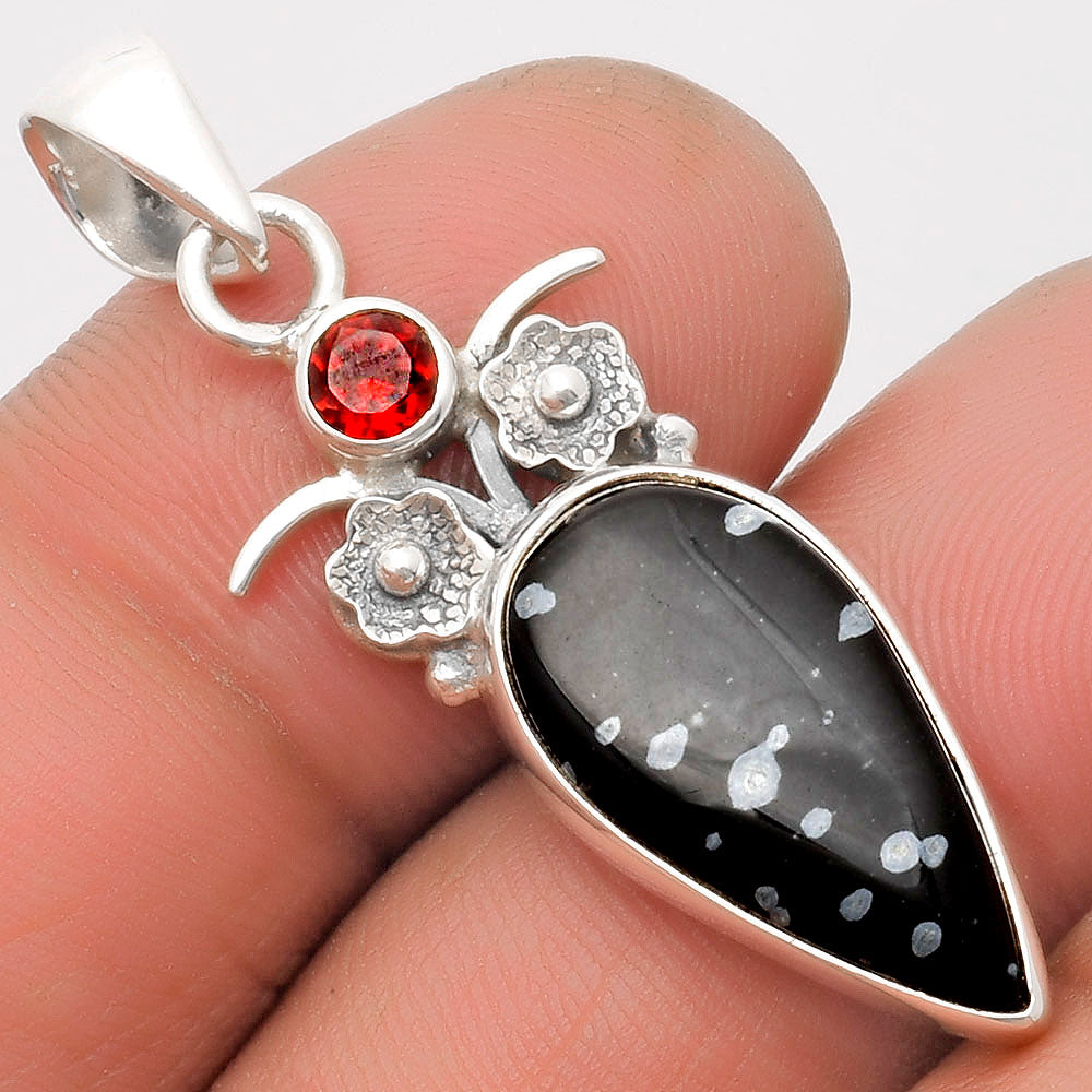 Natural Snow Flake Obsidian & Garnet Pendant P-1695 SDP109789