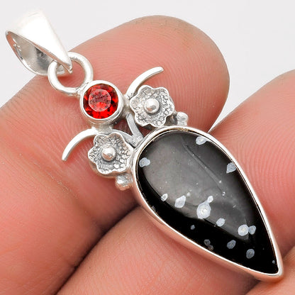Natural Snow Flake Obsidian & Garnet Pendant P-1695 SDP109789