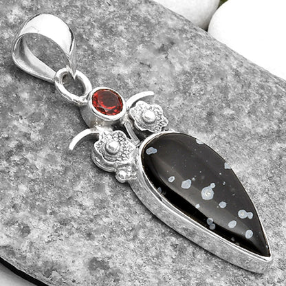 Natural Snow Flake Obsidian & Garnet Pendant P-1695 SDP109789