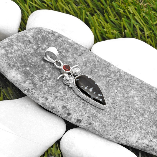 Natural Snow Flake Obsidian & Garnet Pendant P-1695 SDP109789
