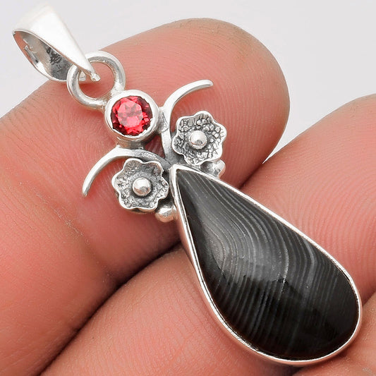 Crown Of Silver Psilomelane - Black Malachite & Garnet Pendant P-1695 SDP109793