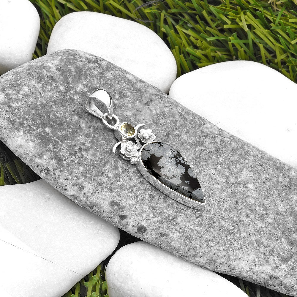 Snow Flake Obsidian & Sky Blue Topaz Pendant P-1695 SDP109809