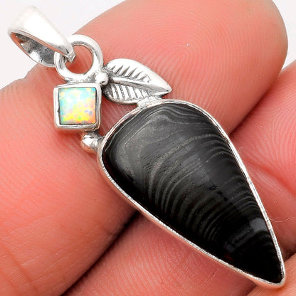 Crown Of Silver Psilomelane Black Malachite & Fire Opal Silver Pendant P-1652 SDP110033