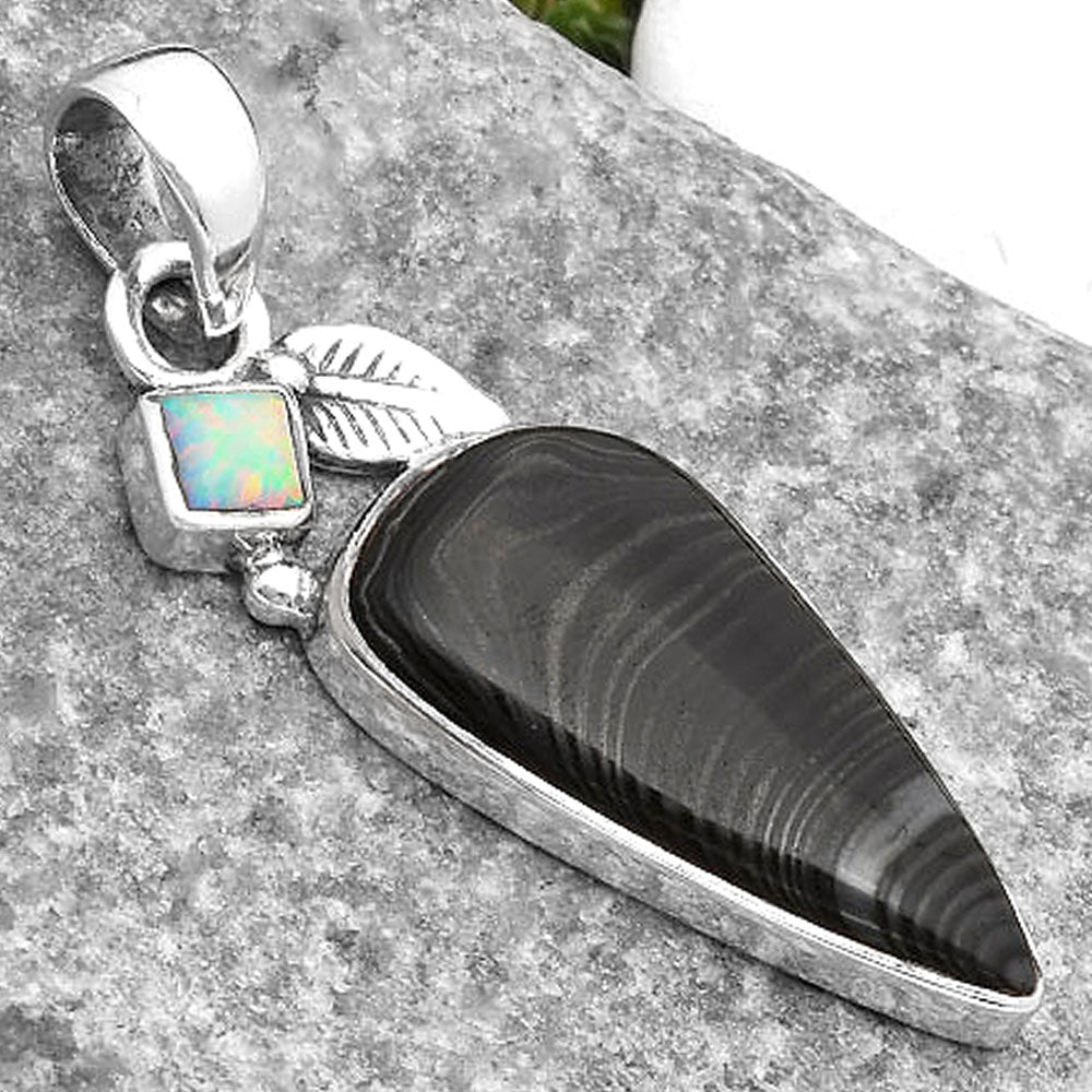 Crown Of Silver Psilomelane Black Malachite & Fire Opal Silver Pendant P-1652 SDP110033