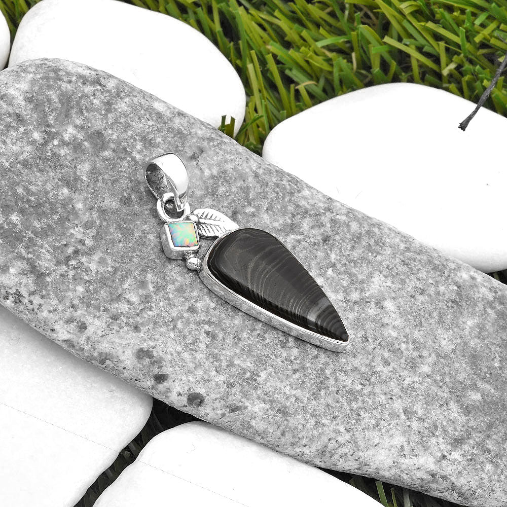 Crown Of Silver Psilomelane Black Malachite & Fire Opal Silver Pendant P-1652 SDP110033