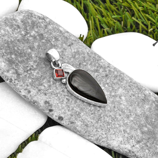 Crown Of Silver Psilomelane - Black Malachite & Garnet Pendant P-1652 SDP110039
