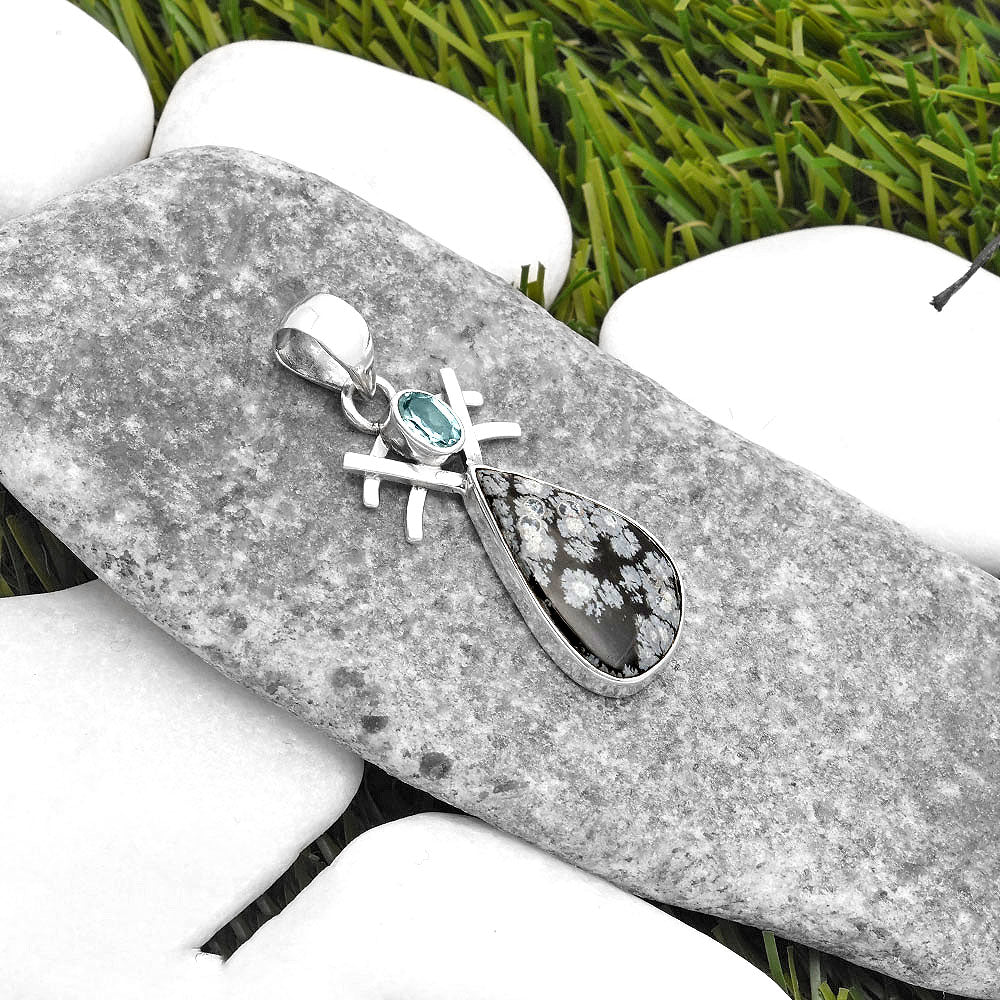 Snow Flake Obsidian & Sky Blue Topaz Pendant P-1046 SDP110120
