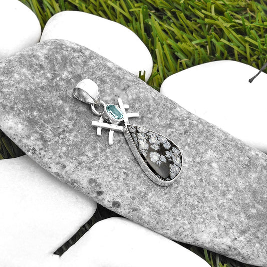 Snow Flake Obsidian & Sky Blue Topaz Pendant P-1046 SDP110120