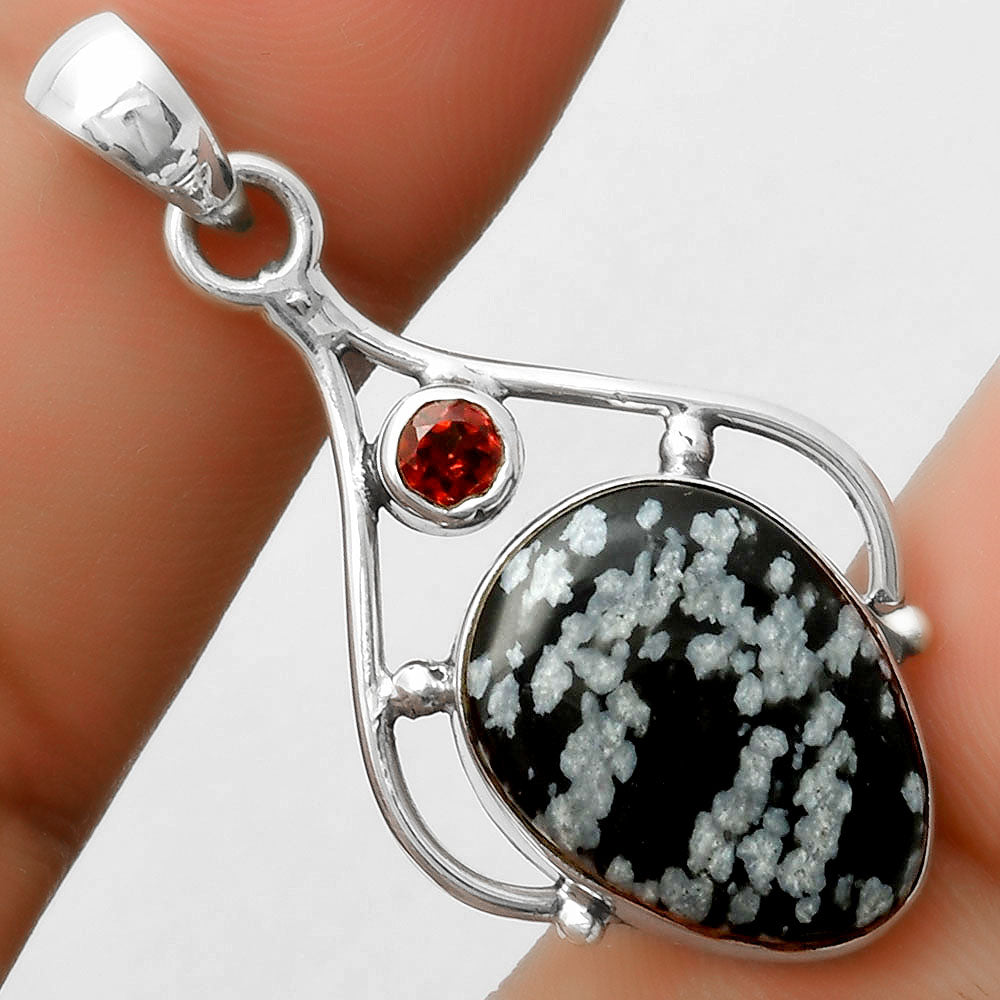 Natural Snow Flake Obsidian & Garnet Pendant P-1575 SDP113491