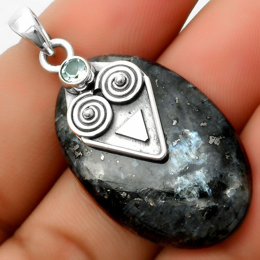 Larvikite Stone Black Moonstone & Sky Blue Topaz Pendant P-1247 SDP113637