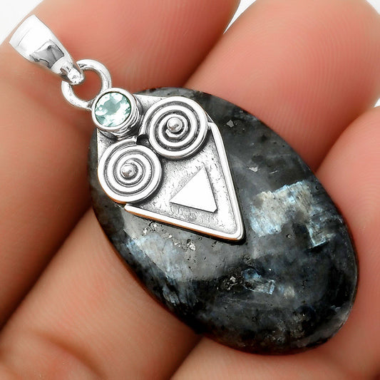 Larvikite Stone Black Moonstone & Sky Blue Topaz Pendant P-1247 SDP113665