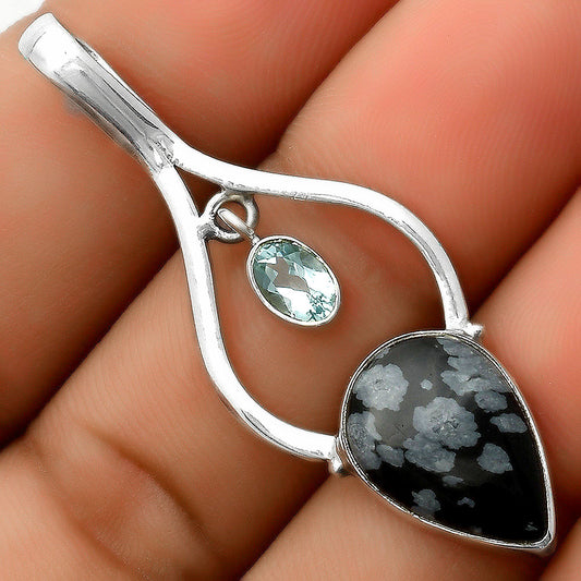 Snow Flake Obsidian & Sky Blue Topaz Pendant P-1648 SDP113696