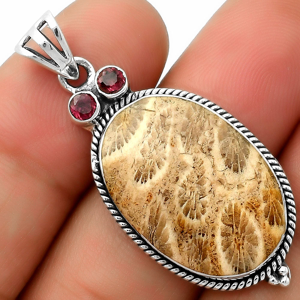 Owl - Flower Fossil Coral & Garnet Pendant P-1083 SDP114384