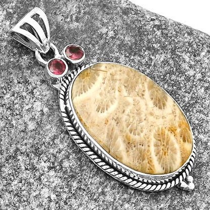 Owl - Flower Fossil Coral & Garnet Pendant P-1083 SDP114384
