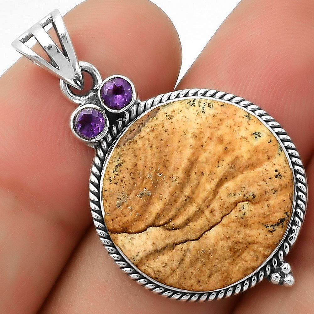 Owl Natural Picture Jasper & Amethyst Pendant P-1083 SDP114386