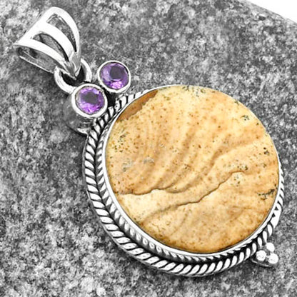 Owl Natural Picture Jasper & Amethyst Pendant P-1083 SDP114386