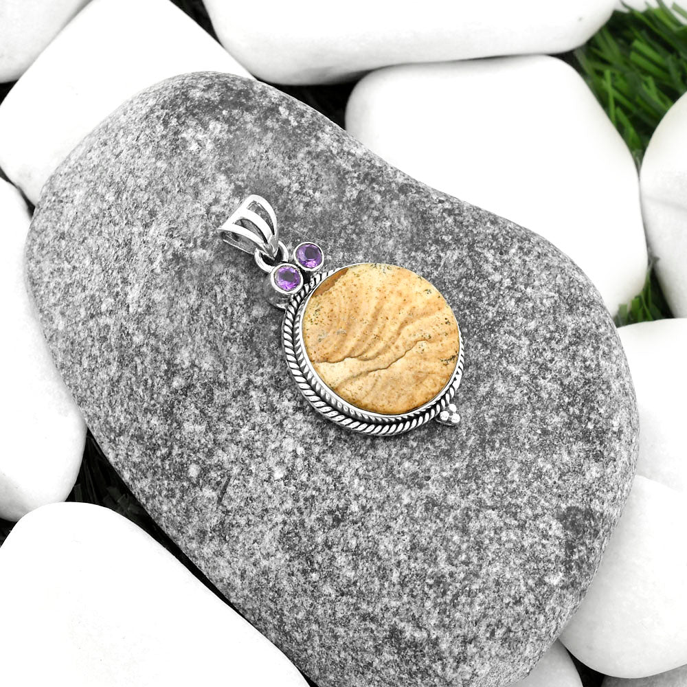Owl Natural Picture Jasper & Amethyst Pendant P-1083 SDP114386