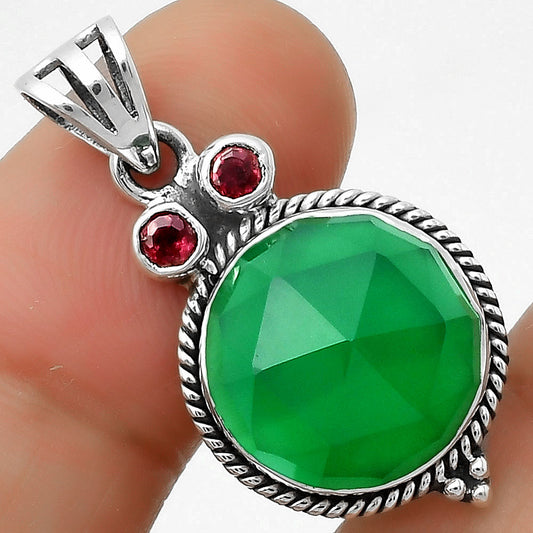 Owl - Faceted Green Onyx & Garnet Pendant P-1083 SDP114407