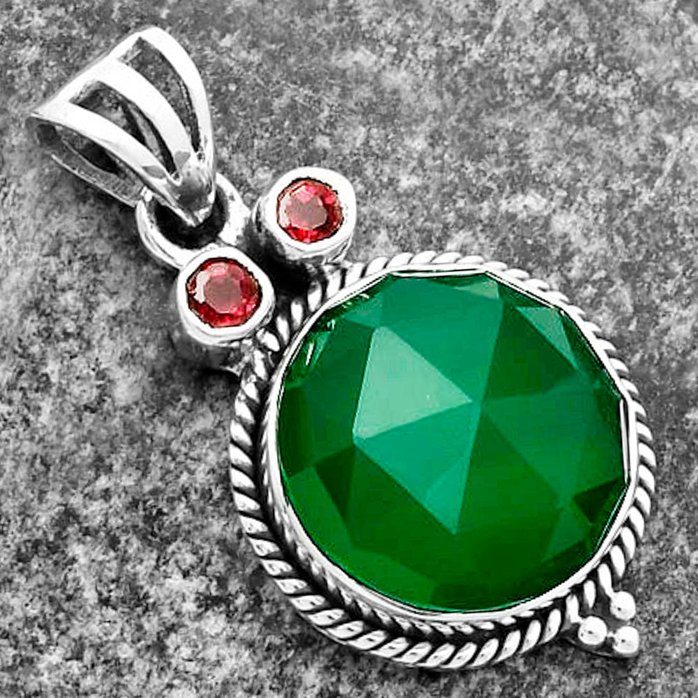 Owl - Faceted Green Onyx & Garnet Pendant P-1083 SDP114407