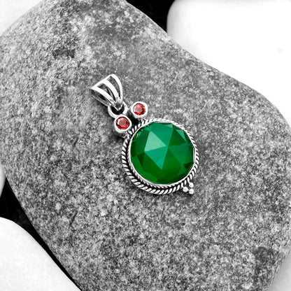 Owl - Faceted Green Onyx & Garnet Pendant P-1083 SDP114407