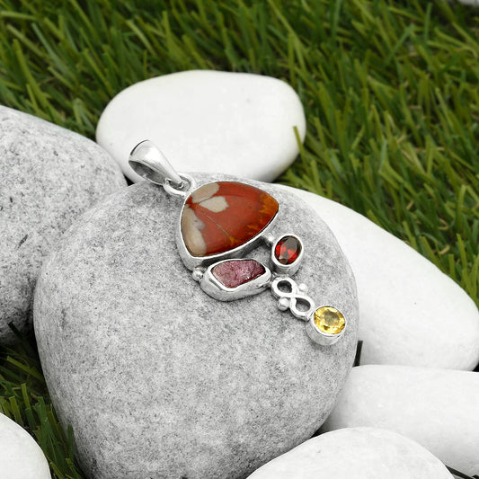 Noreena Jasper, Pink Tourmaline Rough, Garnet & Citrine Silver Pendant P-1602 SDP114741