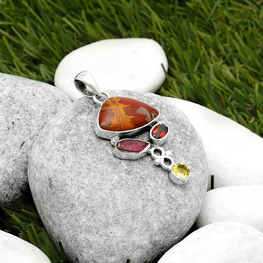 Noreena Jasper, Pink Tourmaline Rough, Garnet & Citrine Silver Pendant P-1602 SDP114742