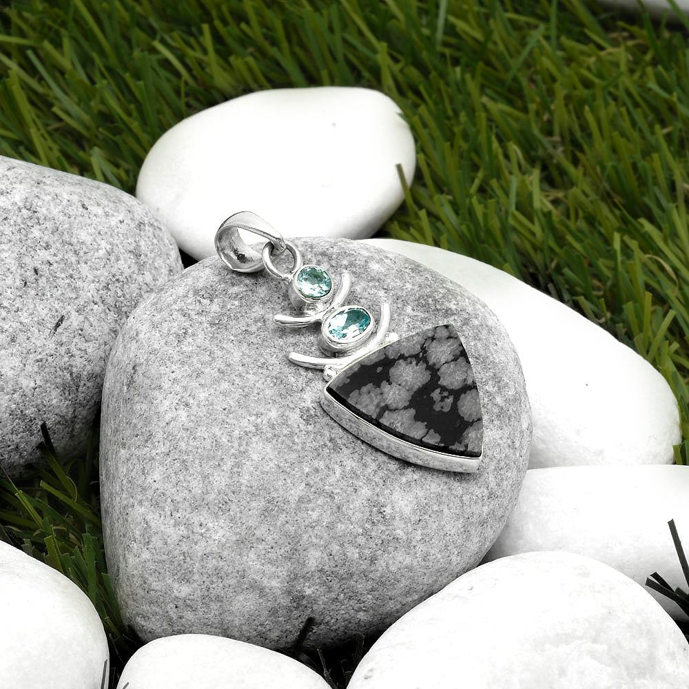 Snow Flake Obsidian & Sky Blue Topaz Pendant P-1593 SDP114780