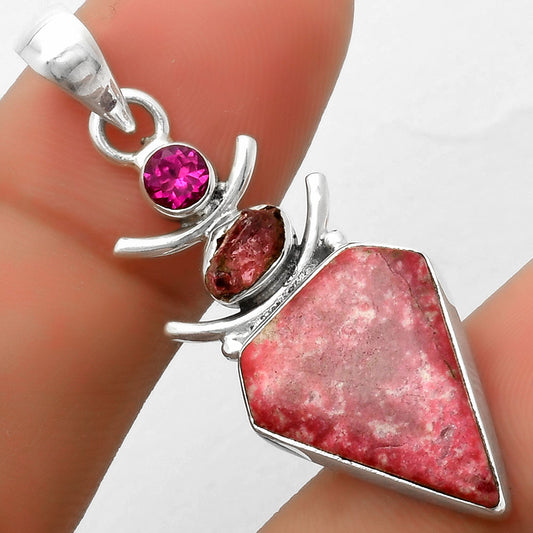 Pink Thulite, Pink Tourmaline Rough & Garnet Pendant P-1593 SDP114782