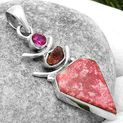 Pink Thulite, Pink Tourmaline Rough & Garnet Pendant P-1593 SDP114782