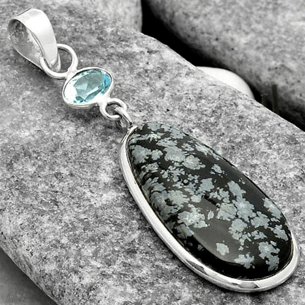 Snow Flake Obsidian & Sky Blue Topaz Pendant P-1098 SDP115094