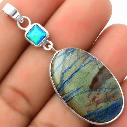 Cyber Web Chrysocolla Stone & Fire Opal Pendant P-1098 SDP115141