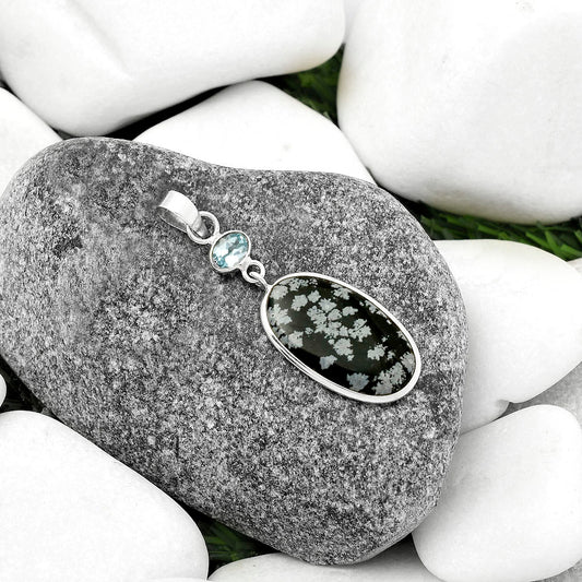 Snow Flake Obsidian & Sky Blue Topaz Pendant P-1098 SDP115236